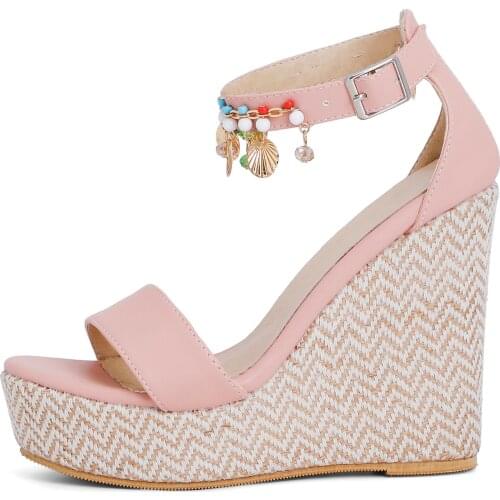 2021 New Women Wedge Sandals Summer Bead Studded Peep toe Buckle Strap Pink Blue Bohemia Casual Shoes Ladies Women shoes Size 48