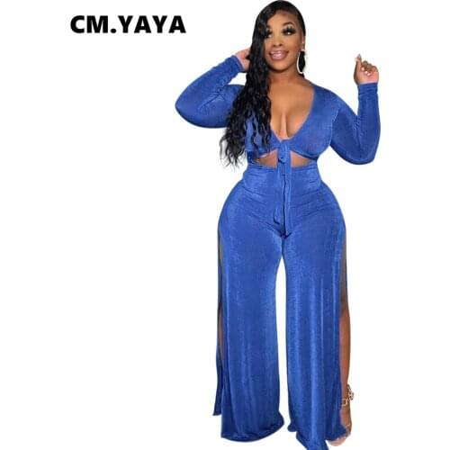 CM.YAYA Women Jumpsuit Solid Bandage Hollow Out Splited Jumpsuits Sexy Fashion Rompers Casual One Piece Overalls Autumn Outfits