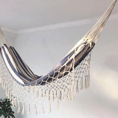 200*100cm Canvas Tassel Hammock Outdoor Indoor Camping Outdoor Supplies Portable Foldable Striped Blue and White Striped Hammock
