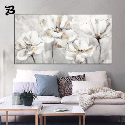 Abstract White Flower Canvas Painting Wall Art White and Golden Nordic Modern Flower Wall Pictures for Living Room Home Decor