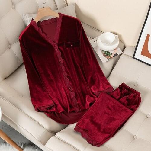 JULYS SONG 2 Pieces Velvet Pajamas Set Solid Homewear Winter Autumn Women Sleepwear Pajamas Suit Sexy Elegant Warm Nightwear