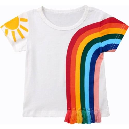 Children Summer Clothing Infant Kids Baby Girls Casual Rainbow T Shirt Tassel Patchwork Cotton Colorful Tops 1-6T