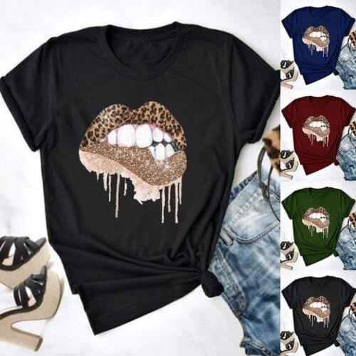 Leopard Lip Print T Shirt Women Short Sleeve O Neck Loose Tshirt Summer Women Tee Shirt Tops Camisetas Mujer