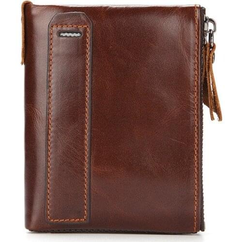 Best Selling Mens Wallet Leather Short Coin Coin Purse Oil Wax Leather Double Zipper Purse First Layer Leather Wallet