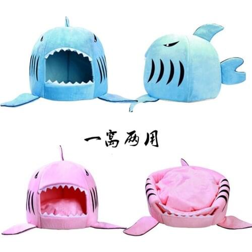 Cartoon Pet Dog Bed House Cute Shark-shaped Kennel Puppies Cat Warm Cozy Sleeping Tent Sofa Chihuahua Four Seasons Universal Mat