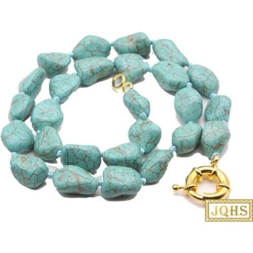 Natural Baroque 18" 17mm Blue knotted turquoises necklace gold plated clasp c38