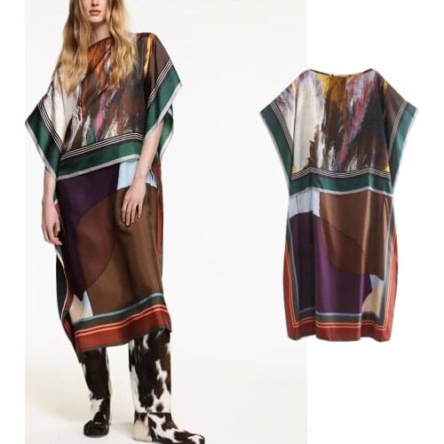 Za Dress Women Chic Fashion With Floral Print Imitate Silk Dress Vintage Three Quarter Sleeve Female Dresses Mujer