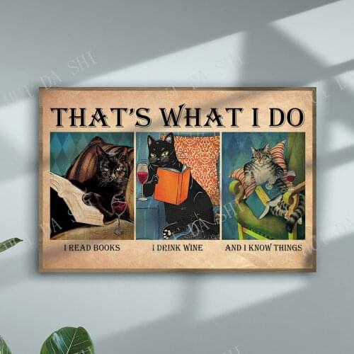 Cat Poster-Thats What I Do I Read Book I Drink Wine and I Know Things, Black Cat Canvas, Book Lover Gift, Red Wine Art