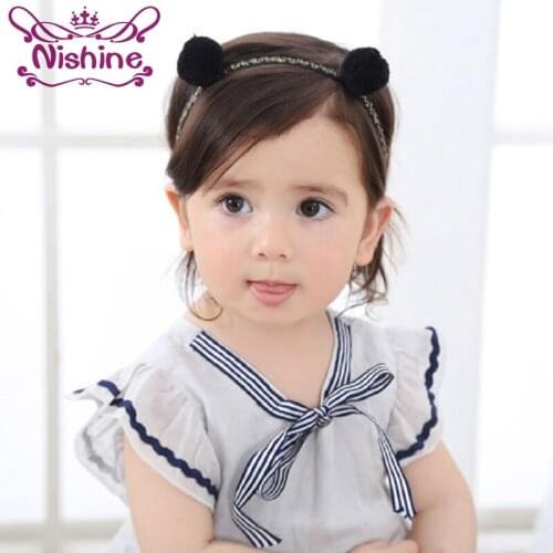 Nishine New Girls Cute Soft Plush Rabbit Ears Fur Double Ball Hairband Children Turban Headband Kids Elastic Hair Accessories