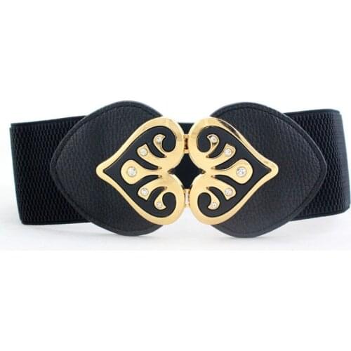 New Design Women Wide Elastic Cummerbund Belt Ladies Double Heart-shaped Rhinestone Buckle Waist Belts Fashion Girdle Waistband