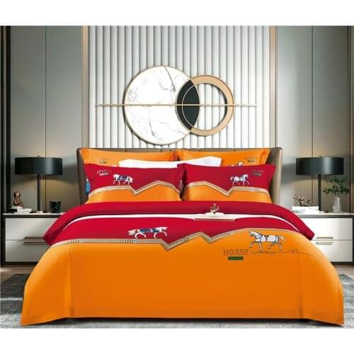 Luxury Running Horse Satin Embroidery Egyptian Cotton Duvet Cover Bed Linen Fitted Sheet Pillowcases Bedclothes King Queen Size