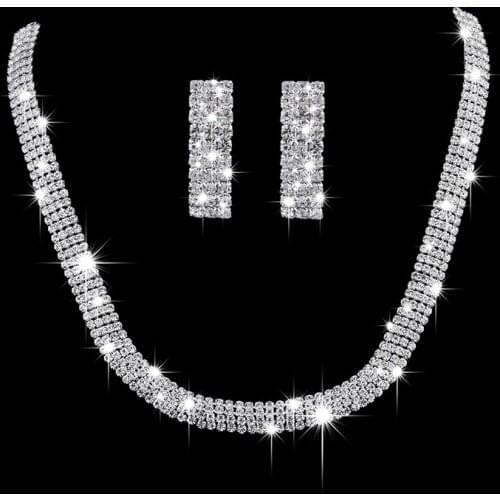 Luxury Female White Crystal Jewelry Set Charm Silver Color Dangle Earring For Women Dainty Square Zircon Wedding Chain Necklace