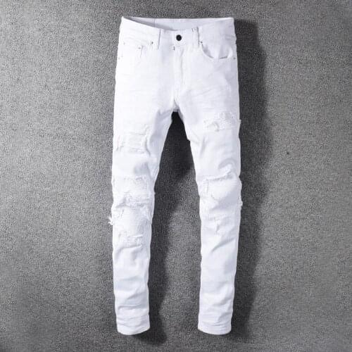 Hollow Out Men Jeans Pure White Slim Fit Destroyed Ripped Jeans Men Patchwork Designer Elastic Hip Hop Jeans Pants