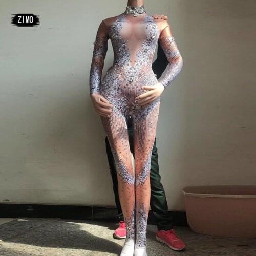 Silver Sparkly Rhinestones Jumpsuit crystal Bodysuit Women Performance Party Celebrate luxurious Costume Dance Clothing spandex