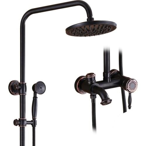 Luxury Bathroom Black ancient Carved Round Rain Shower Set, Bathtub Shower Faucet Wall Mounted Shower Faucet Set Mixer Taps