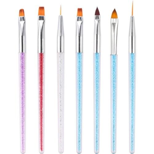 7 Styles Rhinestone Acrylic Handle Brushes Nail Art Line Flower Painting Coating Shaping Flat Fan Angle Pen