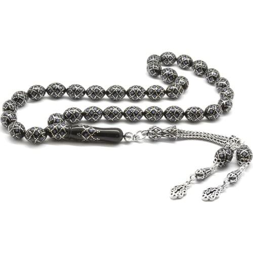 Tesbihane 925 Sterling Silver Tassels Silver-Turquoise Embroidered Barley Cut Erzurum Oltu Rosary (M1)