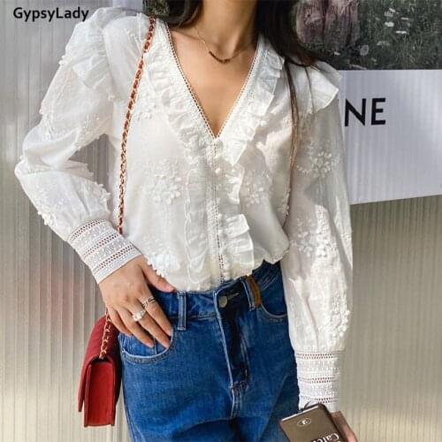 GypsyLady Floral Embroidery Blouse Shirt 100% Cotton French Chic Causal Shirt Lace Hollow Out Autumn Women Blouse Ladies Tops