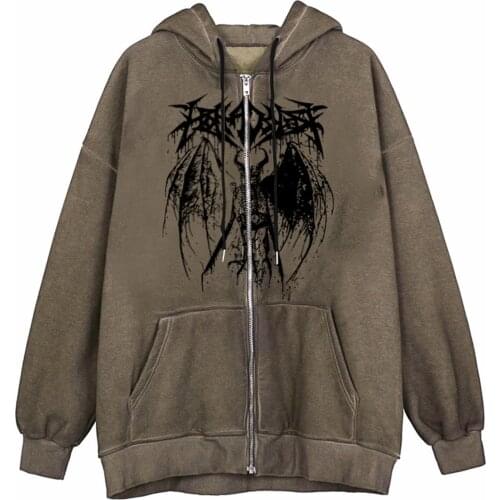 Women Y2K Gothic Sweatshirt Hoodie Autumn Winter Zip Up Long Sleeve Coat Tops Ladies 90S Vintage Clothes Brown Black