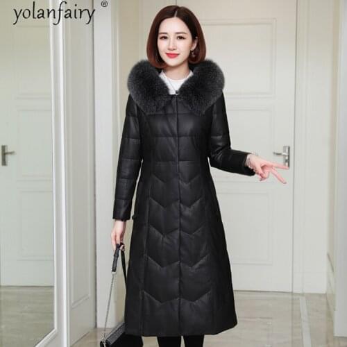 Natural Sheepskin Coat Female Fox Fur Collar Hooded Winter Genuine Leather Jacket Women 90% White Duck Down Jackets Femme Veste