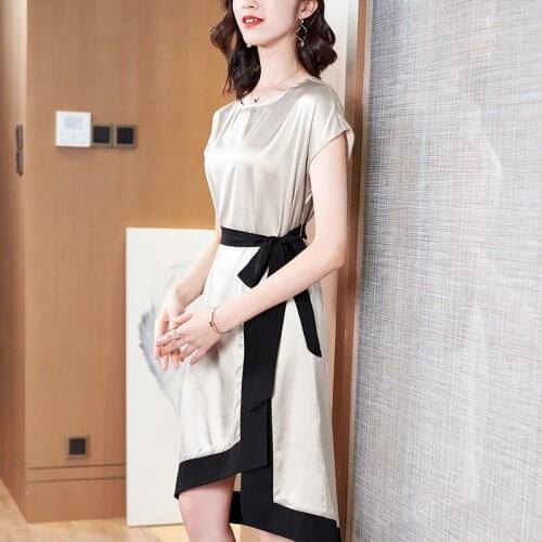 Meat Pink Black Tie Silk Dresses Women Fashion 2021 Summer Long Casual Sexy Office Work Daily Dress Plus Size Slim Fit A Line