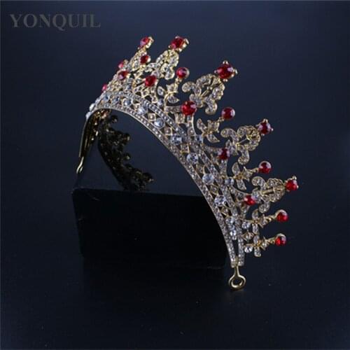 2020 New Arrival Baroque Crown Full Red Rhinestone Handmade Hair Bands Crystal Queen Crown Headband Bridal Wedding Hair Jewelry