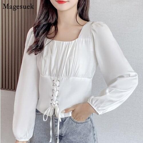 2021 Autumn Vintage Cotton Blouses Women Casual Puff Sleeve Pullover womens Blouses Lace-up Slim White Shirt Women Tops 11194