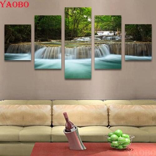 5D diy Diamond Embroidery sale 5 Piece Waterfall landscape Diamond Painting Full Square/Round Drill Mosaic Decor Christmas gifts