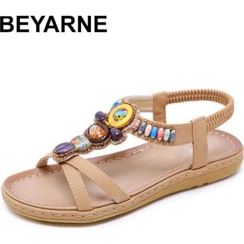 BEYARNE Bohemia Beading Retro Summer Open Toe Women Female Mujer Ladies Fashion Casual Platform Flat Shoes Sandalia SandalsE591