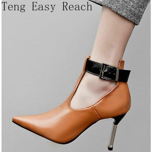 Women Shoes Fashion Gladiator Thin Heel Pumps Female Pointed Toe Buckle High Heels Party Spring Autumn Sandals Boots Black Brown