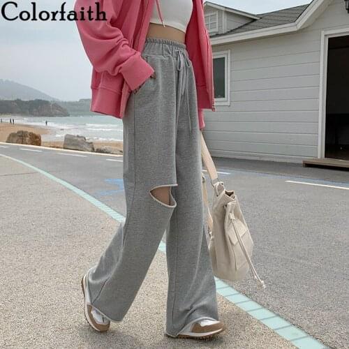 Colorfaith New 2021 Womens Spring Autumn Women Pants Wide Leg High Waist Sweatpants Jogging Hole Ankle-Length Trousers P157