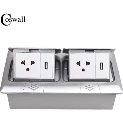 COSWALL All Aluminum Panel Pop Up Floor Socket 15A US Thailand Standard Power Double Outlet With 2 USB Charging Port