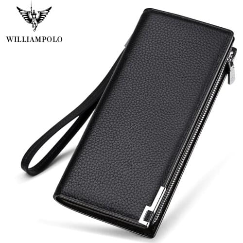 WilliamPolo Long Wallets For Men Leather RFID Blocking Bifold Wallet with Zipper luxury brand zipper men clutches Credit Cards