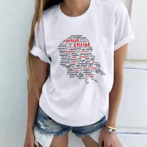 Women T-shirt Jesus Printed Fashion Retro Tops Leisure Tshirt Summer O-neck Short Sleeve Harajuku Tee Shirt Femme Mujer