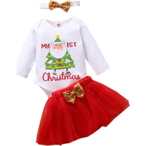 Newborn Baby Girl Clothes Christmas Cartoon Print Romper Bodysuit+Bowknot Tulle Skirt+Headband Set 6 9 12 18 Months baby kleding