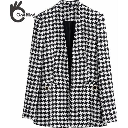OneBling 2021 Za Woman Casual Traf Coats Autumn V Neck Buttons Open Stitch Houndstooth Jacket Female Slim Tweed Woolen Blazers