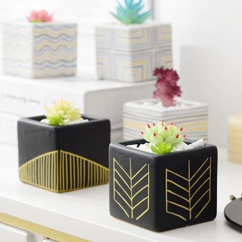 Matte Black White Gold Square Ceramic Succulent Flower Pot Nordic Style Handmade Popular Wholesale Desktop Flower Pots