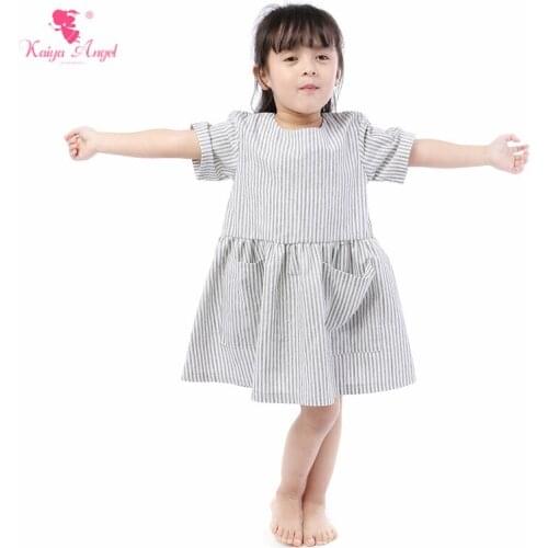Kaiya Angel 2019 Summer Grey White Stripes Baby Girl Dress Casual Daily Wear Invisible Zipper Ruched Factory Wholesale 5pcs/lot