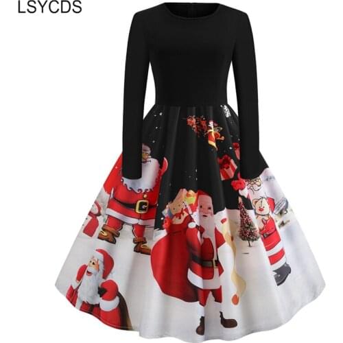 LSYCDS Winter Christmas Dresses Women 50S 60S Vintage Robe Swing Elegant Party Dress Long Sleeve O-Neck Print Patchwork Dress