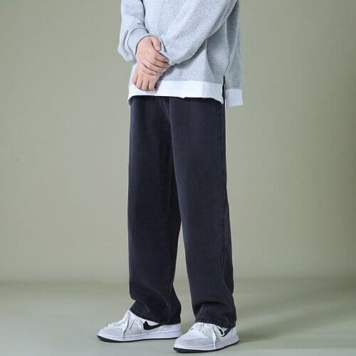 Men New Korean Fashion Jeans Loose Straight Leg Retro Skateboard Wide Leg Pants Streetwear Male Blue Black Denim Trousers