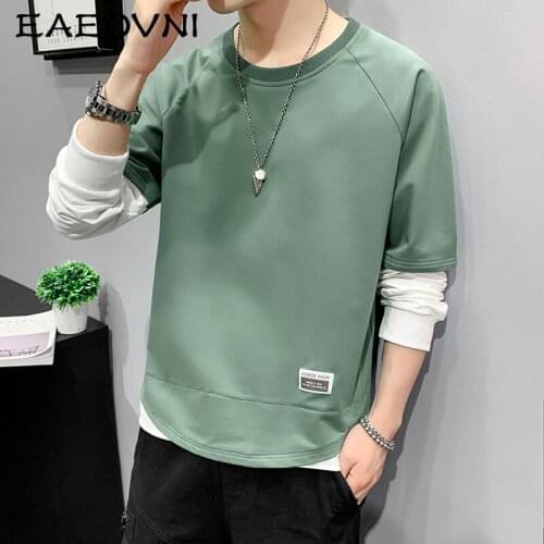 EAEOVNI Long Sleeve Harajuku Sweatshirts Men 2021 New Fashion Fake Two Pieces Hoodie Mens Casual O-Neck Patchwork Sweatshirt