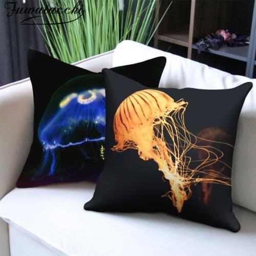 Fuwatacchi Ocean Jellyfish Photo Pillow Cover Sea Fishes Animal Printed Cushion Cover For Home Sofa Car Decore Square Pillowcase