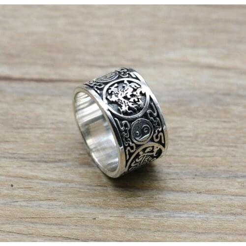 Retro Thai Silver S925 Sterling Silver White Dragon And White Suzaku Basaltic Four Gods Eight Diagram Ring