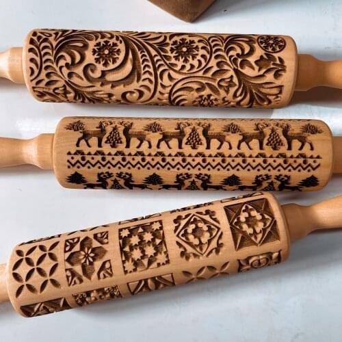 Christmas Wooden Rolling Pin Embossing Baking Cookies Biscuit Fondant Cake Dough Patterned Baking Roller Dropshipping VIP