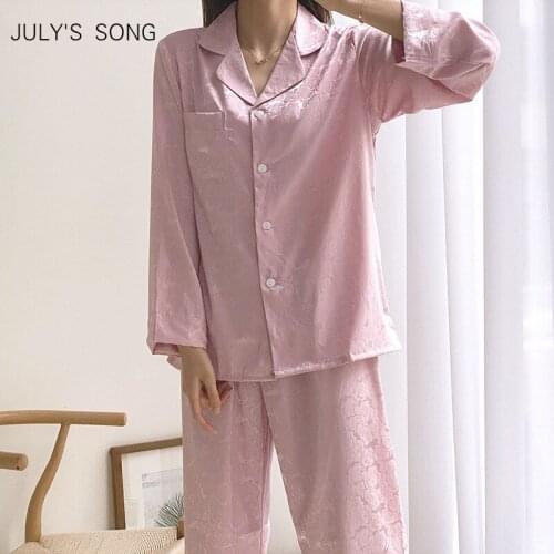 JULYS SONG 2 Pieces Stain Silk Pajamas Woman Pajamas Set Spring Summer Sleepwear Rose Pattern Long Sleeves Womens Home Clothes