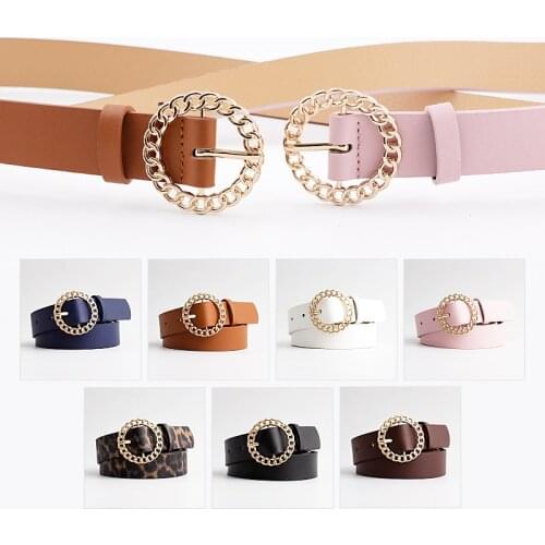 Vintage Leather Belt Women Girl Solid Color Waistband Round Metal Buckle Belts For Female Jeans Decoration Belt Femme Cummerbund