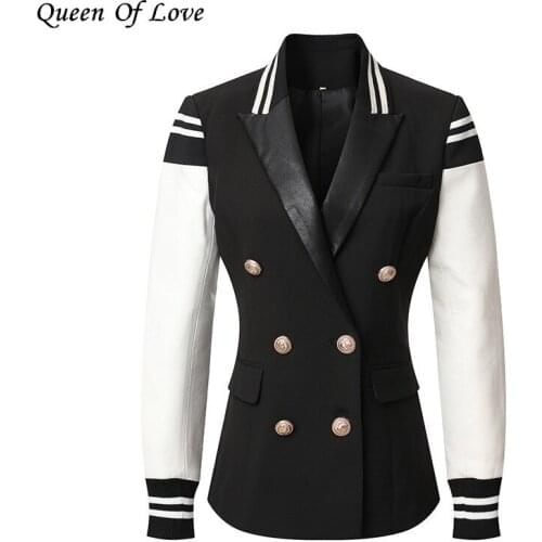 2021 New Autumn Winter Streetwear Jackets And Coats Women Metal Lion Double Breasted Patchwork Leather Jacket Outwear Y2K