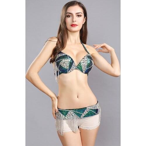 2021 Womens belly dance set Rhinestone belly dance costume belly dancing clothes Sexy belly dance Tops Chain BRA Belt-119061