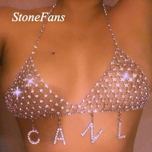 Stonefans 12 Constellation Rhinestone Letter Bra Sexy Jewelry for Women 26 Alphabet Pendant Bra Body Chain Jewelry Silver Color