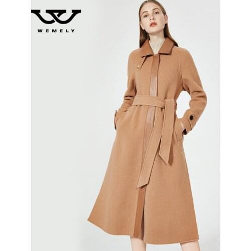 Double sided cashmere coat womens middle length 2021 autumn winter new splicing leather fashion waist closing double-sided